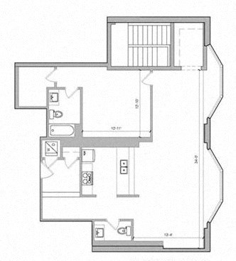 Floor plan for 1 bed, 1.5 baths, 1302 sqft